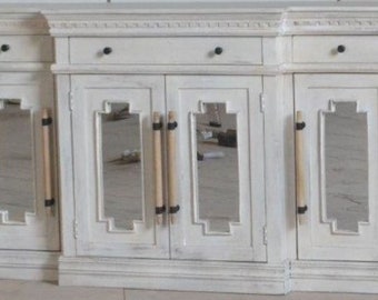 Coastal Shabby Chic Boho Solid Wood 4 Mirror Door Rustic White Entryway Credenza Tall Breakfront Buffet Server Media Console Cabinet