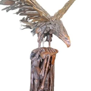 7&#39; Tall Solid Teak Wood Statue Flying American Eagle On Tree Stump Sculpture 90&quot;LX49&quot;DX86&quot;H Indoor Outdoor Patriotic Yard Garden Decoration