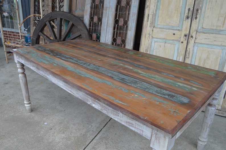 Rustic 6' Reclaimed Wood Distressed White Country Farmhouse Leg 72 Large Rectangle Family Size Kitchen Dining Table Weathered Paint Top image 4