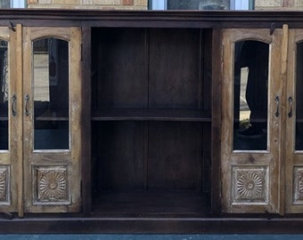 Reclaimed 8' Long Solid Wood Rustic Barrister Library Bookcase Carved Glass Door Tall Narrow 100" Media Console Open Shelf Display Cabinet
