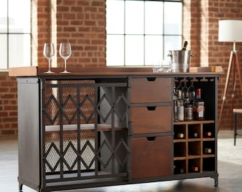 Industrial Chic Indoor Outdoor Sliding Door Rustic Iron Home Bar Liquor Wine Console Cabinet
