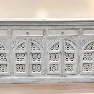Whitewashed Goth 8 Arch Door Carved Mango Wood Tall Credenza 4 Drawer 7&#39; Long Buffet Server OOAK Spanish Entryway Credenza Accent Cabinet