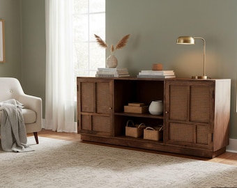 Contemporary Boho Cane Door Solid Teak Wood Media Cabinet Console