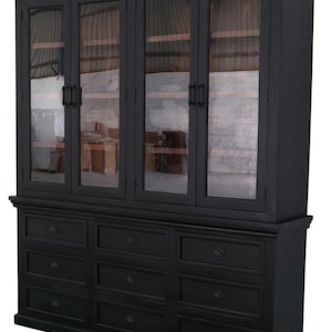 Coastal Solid Wood Tall Double Bookcase Glass Door Vitrine China Display Hutch Kitchen Pantry Storage 9 Drawer Cabinet Base Black Finish