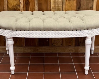 Upholstered Button Tufted French Country Cottage Demilune End Of Bed Entryway Hallway Bench Solid Wood White Base