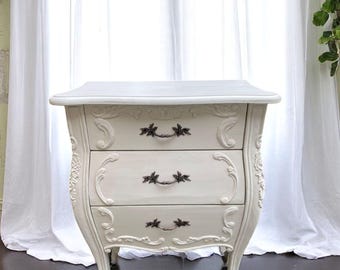 Pair Of 2 French Bombay Louis XIV Style Carved Solid Mahogany Wood Chest Of Three Drawers White Nightstand Bed Side Table Set Of Two