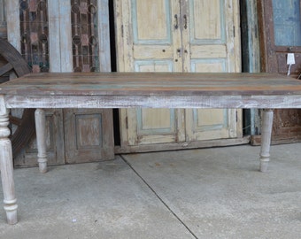 Rustic 6' Reclaimed Wood Distressed White Country Farmhouse Leg 72" Large Rectangle Family Size Kitchen Dining Table Weathered Paint Top