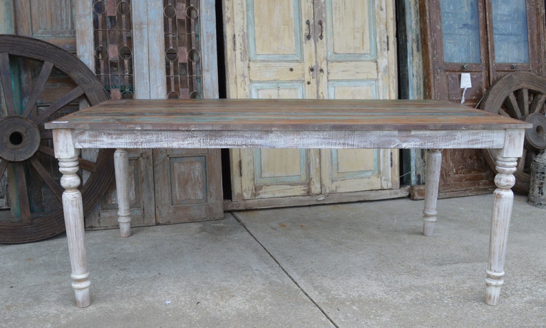 Rustic 6' Reclaimed Wood Distressed White Country Farmhouse Leg 72 Large Rectangle Family Size Kitchen Dining Table Weathered Paint Top image 1