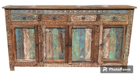 Coastal Boho Solid Wood Entryway Credenza Dining Room Buffet Server Distressed Finish Media Console