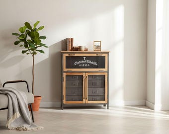 Industrial Chic Glass Door Iron Drawer Solid Wood Apothecary Medium Size Storage Organizer Cabinet