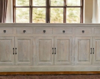 Modern Country Farmhouse Large Rustic 8&#39; Long Tall Six Door Six Drawer Solid Wood Credenza Light Natural Wood Finish Sideboard Buffet Server