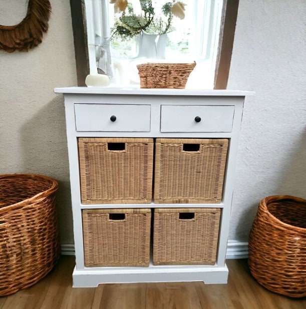 Modern Farmhouse Tall Narrow White Accent Cabinet 2 Drawers 4 Classic Wicker Baskets Extra Mudroom Entryway Bathroom Bedroom Kitchen Storage Etsy