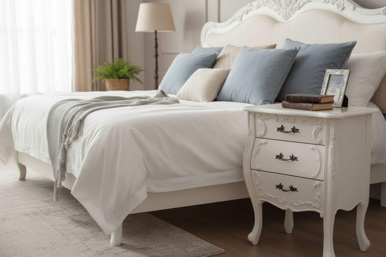 Pair Of 2 French Bombay Louis XIV Style Carved Solid Mahogany Wood Chest Of Three Drawers White Nightstand Bed Side Table Set Of Two Bild 1