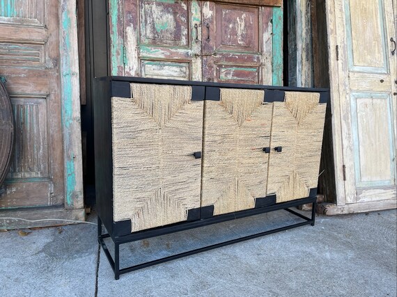 Boho Style Slim Tall Cabinet with Rattan Door, Mid Century Modern