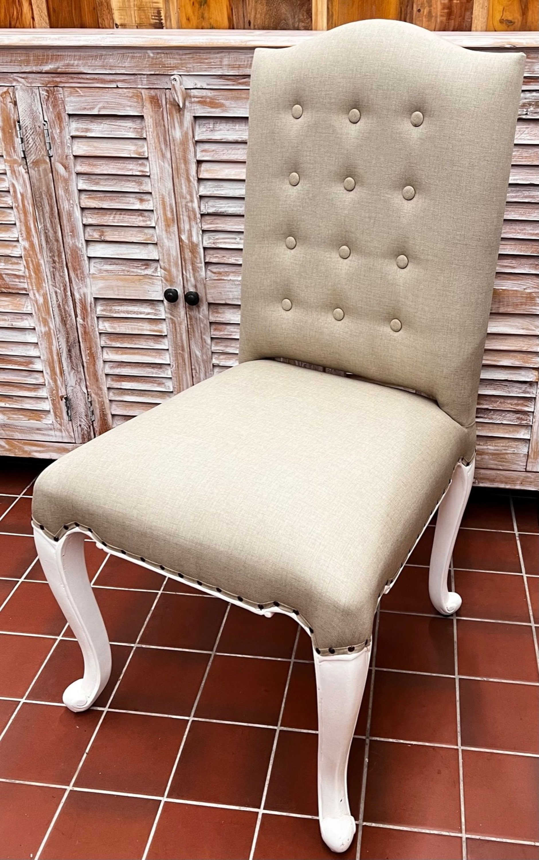 Sky French Country White Wood Beige Upholstered Seat King Louis Dining Arm  Chair