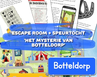 Speurtocht + escape room voor kinderen 8-11 jr, Het mysterie van Botteldorp, Gebruik voor kinderfeestje, Direct te printen!