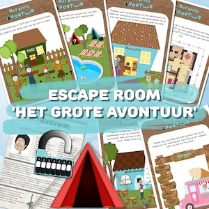 Op de afbeelding: Een kleurrijk escape room spel met de tekst "ESCAPE ROOM 'HET GROTE AVONTUUR'". Het spel bevat geïllustreerde aanwijzingen, een cijferslot en verschillende scènes zoals een huis, zwembad en tent. Het spel is ontworpen om puzzels op te lossen.