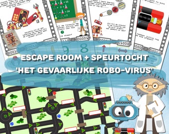 Speurtocht + escape room voor kinderen 7-10 jr, Het gevaarlijke robovirus, Gebruik voor kinderfeestje, Speur-escape, Direct te printen!