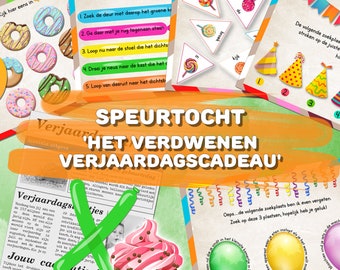 Speurtocht voor kinderen 7-11 jaar , Het verdwenen verjaardagscadeau, Verjaardag speurtocht, Direct uit te printen speurtocht