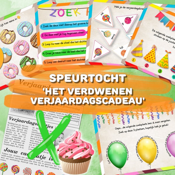 Speurtocht voor kinderen 7-11 jaar , Het verdwenen verjaardagscadeau, Verjaardag speurtocht, Direct uit te printen speurtocht