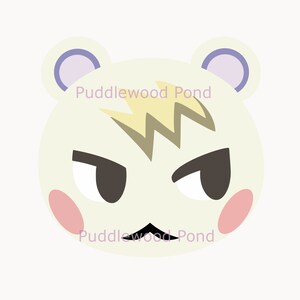 May include: A cartoon illustration of a white bear with a yellow lightning bolt on its forehead. The bear has a grumpy expression with black eyes and pink cheeks. The text "Puddlewood Pond" is written in purple below the bear.
