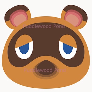 May include: A cartoon illustration of a brown raccoon with blue eyes and a tired expression. The raccoon has a brown nose and a brown muzzle. The raccoon's ears are pink.