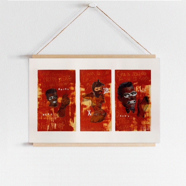 Catch 22: Red Modern Collage Triptych Wall Art