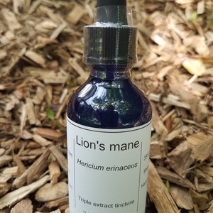 May include: A blue glass bottle with a dropper top and a white label that reads "Lion's mane Hericium erinaceus Triple extract tincture 2 fluid oz (60 ml)"