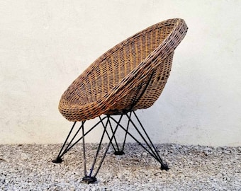 Mid Century Modern Teun Velthuizen Wicker Lounge Chair for Urotan / Vintage Rattan Chair / Outdoor / Wicker Chair / Metal / Italy / '50s