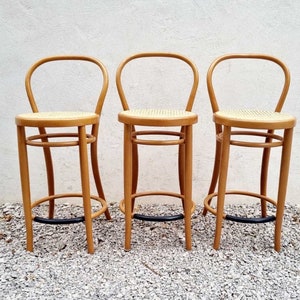 1 of 3 Vintage Bentwood Bar Stool / Thonet Style Chairs / Thonet Style Stools / Wooden Wicker Stools / Brown Bar Chairs / Italy / 1980 /'80s image 2