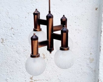 Mid Century Moderne Plafondlamp / Vier Armen Kroonluchter / Metaal & Glas / Vintage Verlichting / Verlichting / Vintage Kroonluchter / Joegoslavië /'70s