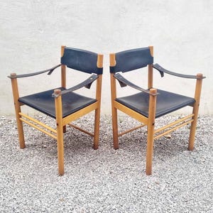 Pair of Mid Century Desk Chairs / Ibisco Sedie Armchairs / Vintage Wooden Leather Chairs / Italian Design / Black Leather / Italy / &#39;60s