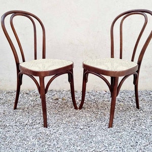Pair of Mid Century Modern Thonet Style Dining Chairs / Bentwood and Rattan / New Wicker Seats / Cafe Bistro Thonet Chairs / Italy / '80s