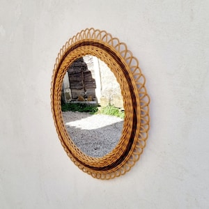 Mid Century Wall Mirror / Vintage Rattan Round Wall Mirror / Franco Albini Style / Boho Mirrors / Home Decor / Italian Design / 1970s / '70s image 1