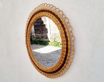 Miroir mural du milieu du siècle / miroir mural rond en rotin vintage / Franco Albini Style / Boho Mirrors / Home Decor / Italian Design / 1970s / '70s