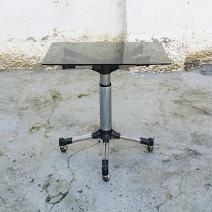 Mid Century Italian Glass and Chrome TV Stand / Vintage Adjustable Side Table / Italian Design / Smoked Glass Table / Italy 1980 / &#39;80s