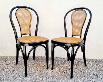 Paire de chaises vintage Thonet Style Dining Chairs / Bentwood and Rotin / Cafe Bistro Chairs / Mid Century / Thonet N.14 Chairs / Italy /1970 /'70s