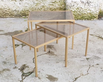 Vintage Gold Brass Nesting Coffee Tables / MCM Side Tables / Set of Three Coffee Tables / Brass & Glass / Italian Design / Italy / '60s