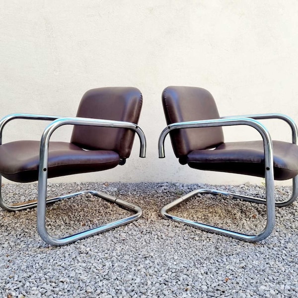 1 of 2 Mid Century Lounge Tubular Armchair / Brown Leather Armchairs / Chrome Chairs / Italian Design / Home and Living / Italy / 1970 /'70s