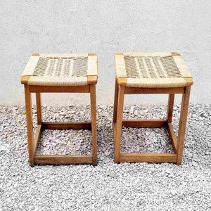 1 of 2 Mid Century Stool / Ebert Wels Design / Vintage Wooden Stools / Ottomans / Rope and Wood / Brown Stools / Scandinavian Design / &#39;60s