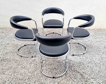 Set of 4 Mid Century Chrome Dining Chairs / Attributed to Giotto Stoppino / Office Chairs / Black Eco Leather Chairs / Italy / 1970 / '70s
