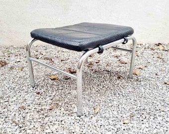 Mid Century Modern Leather Ottoman / Gabriele Mucchi for Zanotta Genni / Black Leather Footstool / Zanotta / Leather & Chrome / Italy / '70s