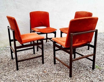 Set of 4 Mid Century Dining Chairs: Italian Design, Wood & Original Velvet, Italy 1970s