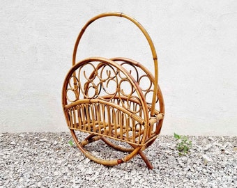 Mid Century Bamboo and Rattan Magazine Rack / Vintage Rattan Magazine Rack / Franco Albini Style / Italian Design / Home Decor / Italy /'60s