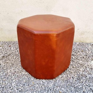 Mid Century Octagonal Brown Leather Stool / Vintage Ottoman / Brown Leather Pouf / Italian Design / Retro Stool / Stools / Italy /1980 /&#39;80s