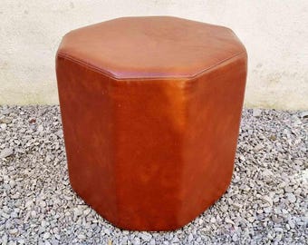 Achthoekige bruine leren kruk uit het midden van de eeuw / vintage poef / poef bruin leer / Italiaans design / retrokruk / krukken / Italië / 1980 / jaren 80