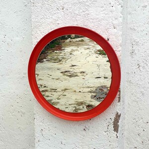 Mid Century Plastic Mirror / Vintage Round Mirror / Space Age Era / Italy 1970 / Home Decor / Red Color Mirror / Retro Mirror / '70s