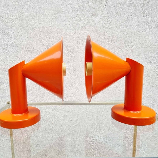 Pair of Mid Century Modern Lamps / Retro Orange Plastic Wall Lamps / Wall Lights / Atomic Lighting / Space Age Lamps / Italy / 1980s / '80s