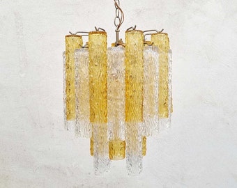 Mid Century Modern Murano Glass Chandelier / Glass Tube Chandelier / Vintage Murano Ceiling Lamp / Amber & Clear Glass / Italy / 1960 / '60s