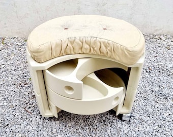 Mid Century Wooden Trolley Leather Stool / Petineuse Stool with Drawers / White Retro Stool / Retro Chairs / Space Age / Italy / 1970s /'70s
